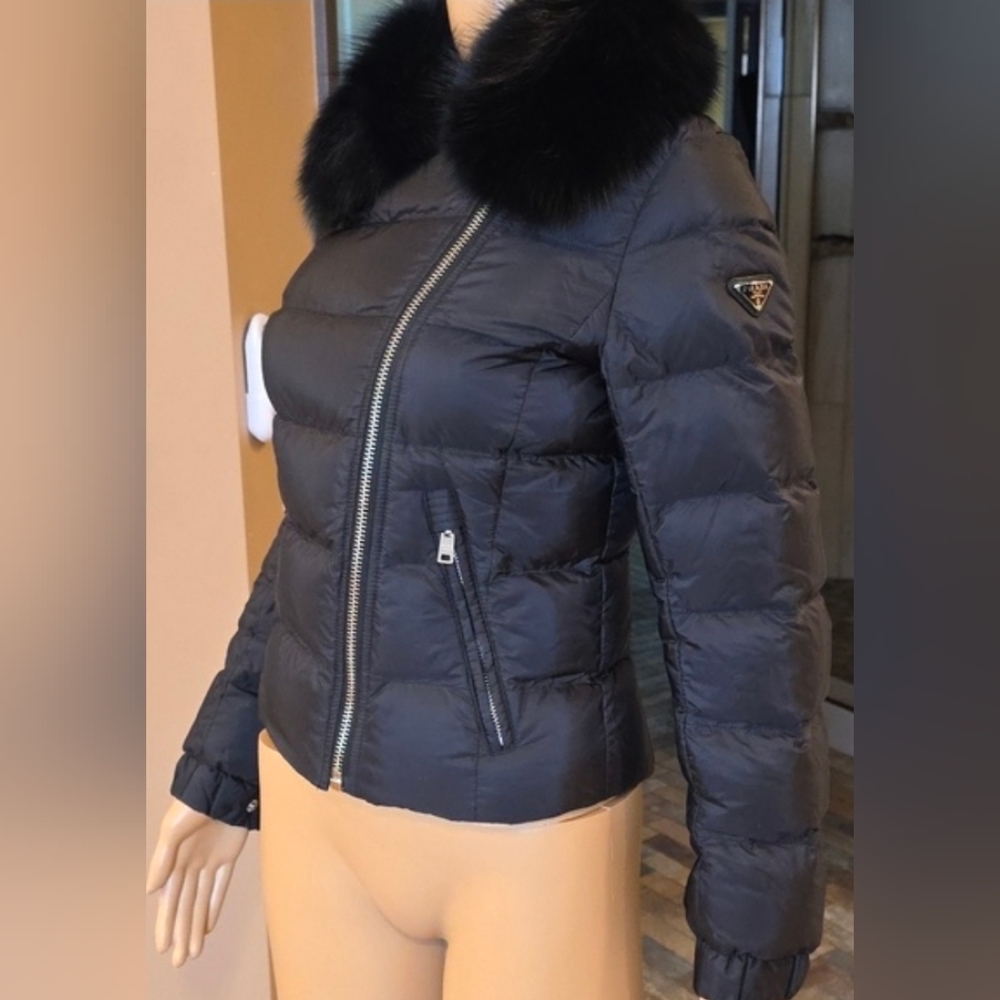 PRADA Black Down Puffer Jacket with Fur Collar